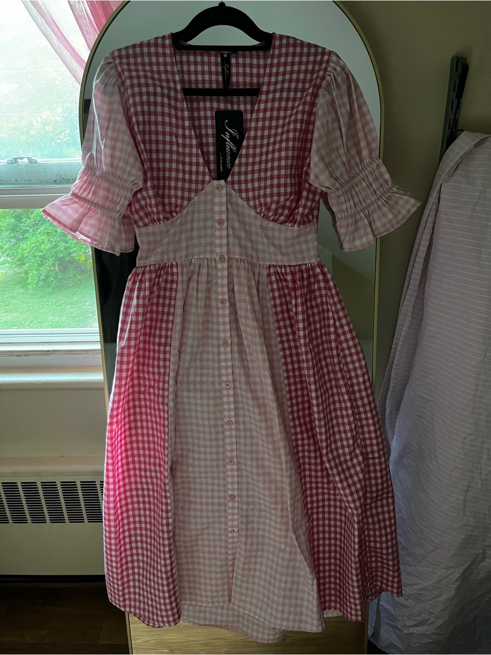 NWT Pink Gingham Button-Front Midi Dress